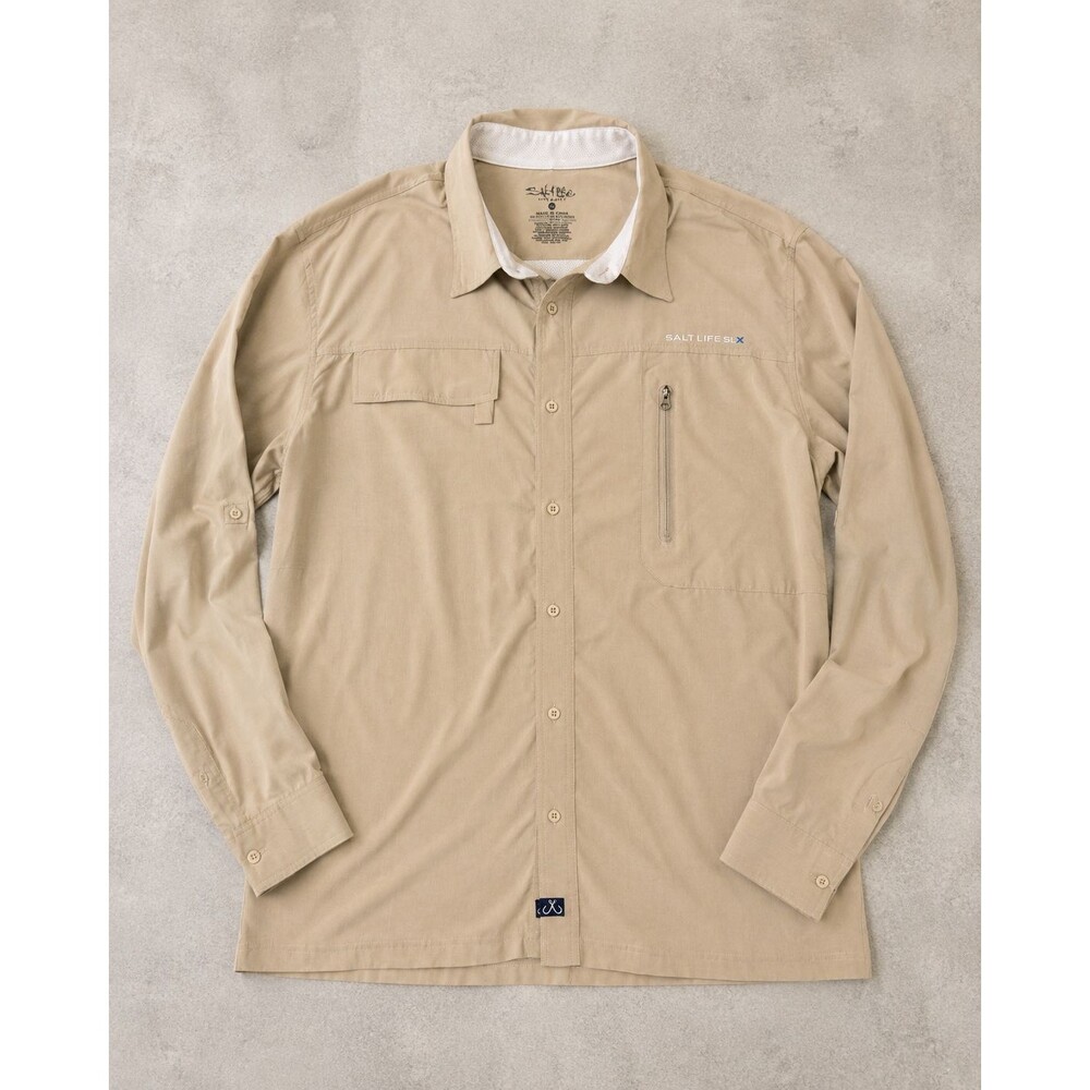 Salt Life SLX XL Tan Long Sleeve Vented Fishing Shirt Stretch Button Up